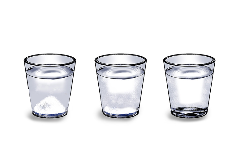 three glasses of water with salt dissolving in them